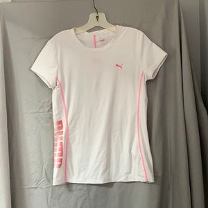 Puma dry cell white t-shirt with pink accents.